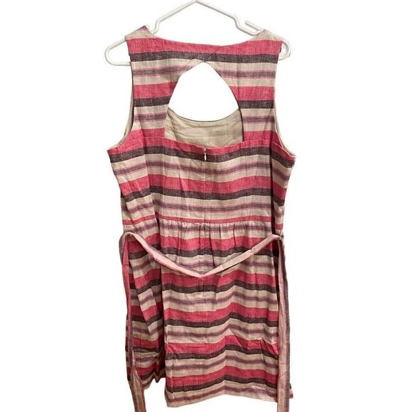 Ann Taylor LOFT Dress Womens 16 Striped Linen Blend Mini Belted Cut Out Back - Picture 2 of 13